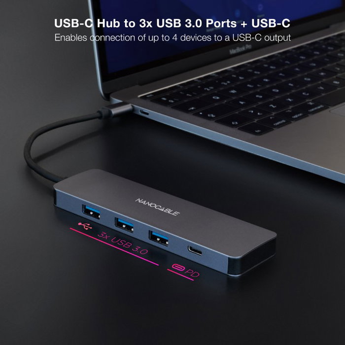 Nanocable Hub USB-C a 3xUSB 3.0 y 1xUSB-C Aluminio Gris 10 cm